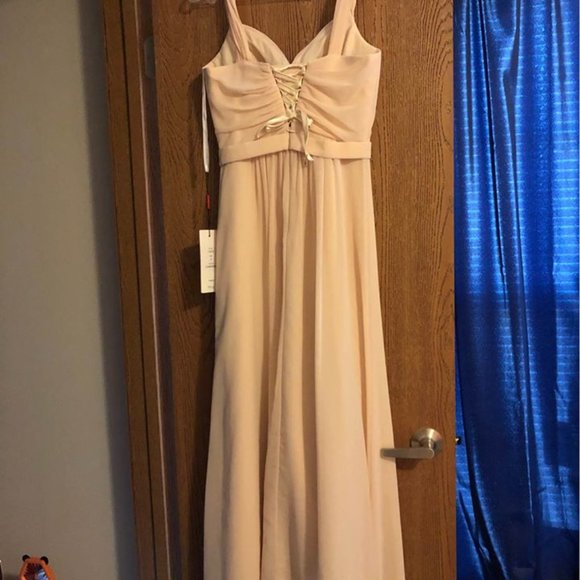 Champagne Long Chiffon Dress Lace Up Back - Picture 4 of 4